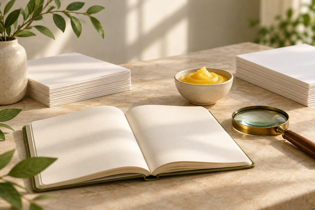 Conceptual editorial illustration of a research notebook, magnifying glass and separate papers beside a bowl of ghee