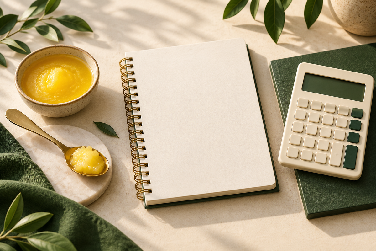 AI-generated illustration: small spoon of ghee beside blank nutrition notebook and simple calculator in forest green and ivory