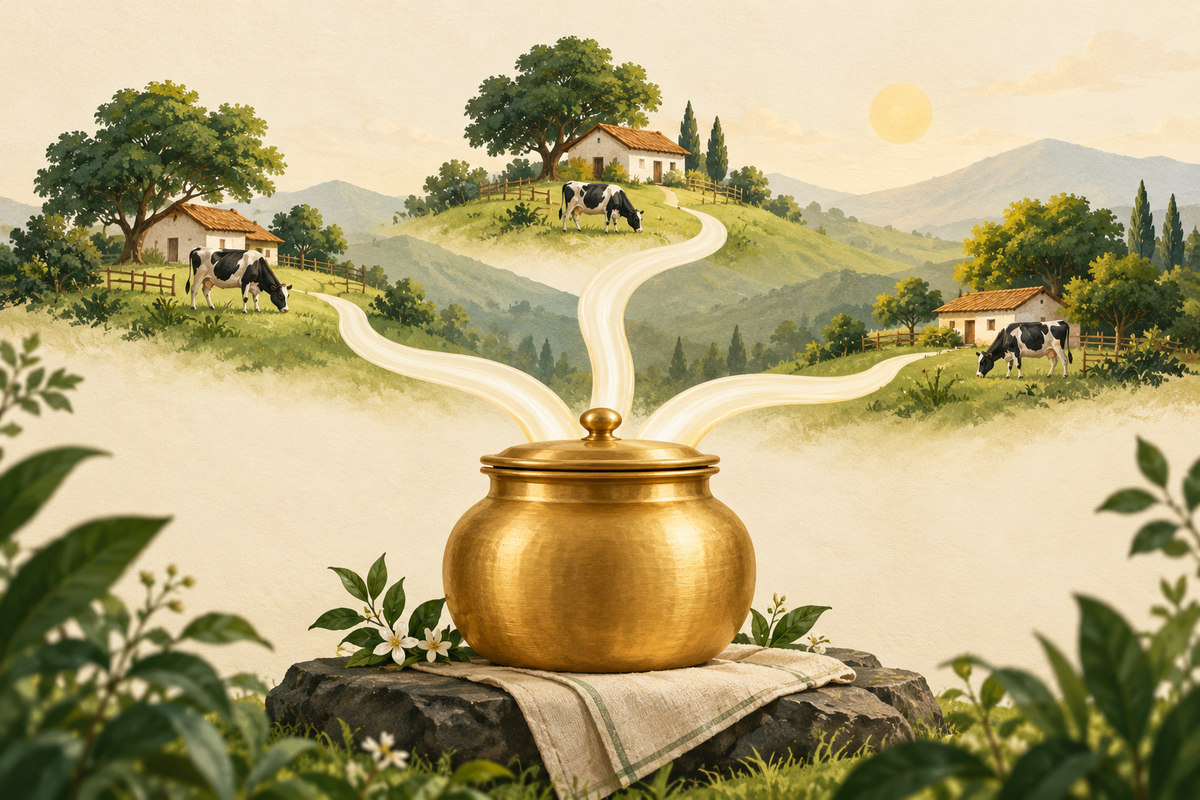 AI-generated illustration: three small abstract farm silhouettes connected visually to one closed dairy vessel, artistic not diagram in forest green and ivory