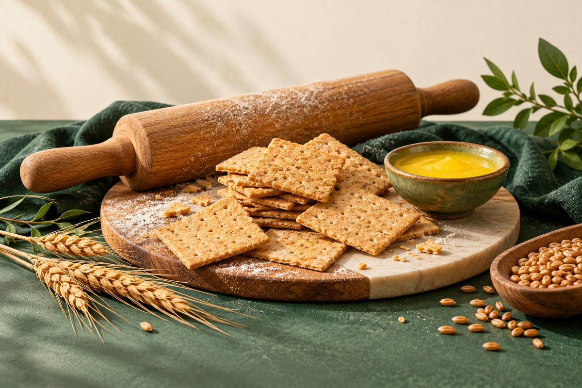 AI-generated illustration: thin square baked wheat crackers, rolling pin, small bowl of ghee in forest green and ivory
