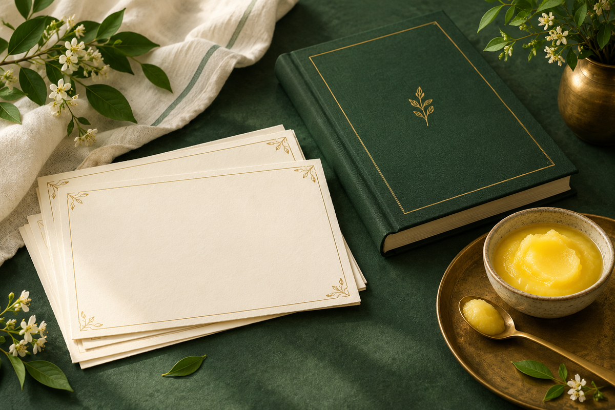 AI-generated illustration: handwritten-looking blank recipe cards, closed green notebook and small bowl of ghee, no text in forest green and ivory