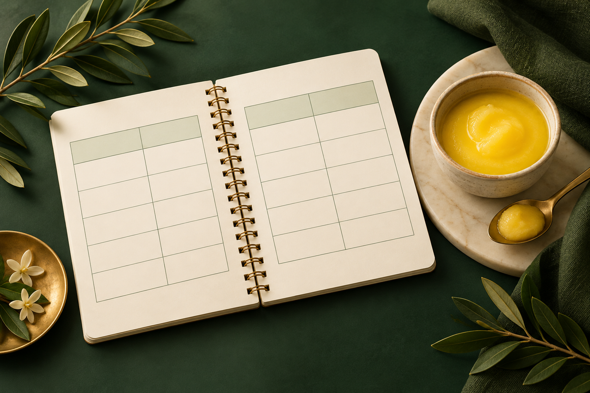 AI-generated editorial illustration: an ivory notebook with blank comparison grids beside a small bowl of ghee; no numbers or medical imagery.