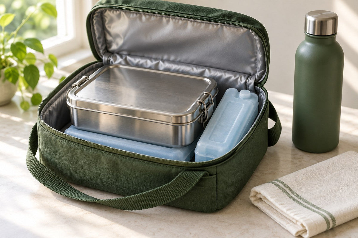 AI-generated illustration of a closed steel lunchbox with two ice packs inside a green insulated bag, beside a bottle and napkin.