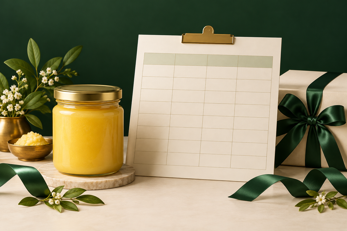 AI-generated editorial illustration: an ivory quotation worksheet with blank columns beside an unbranded ghee gift jar and forest green ribbon.