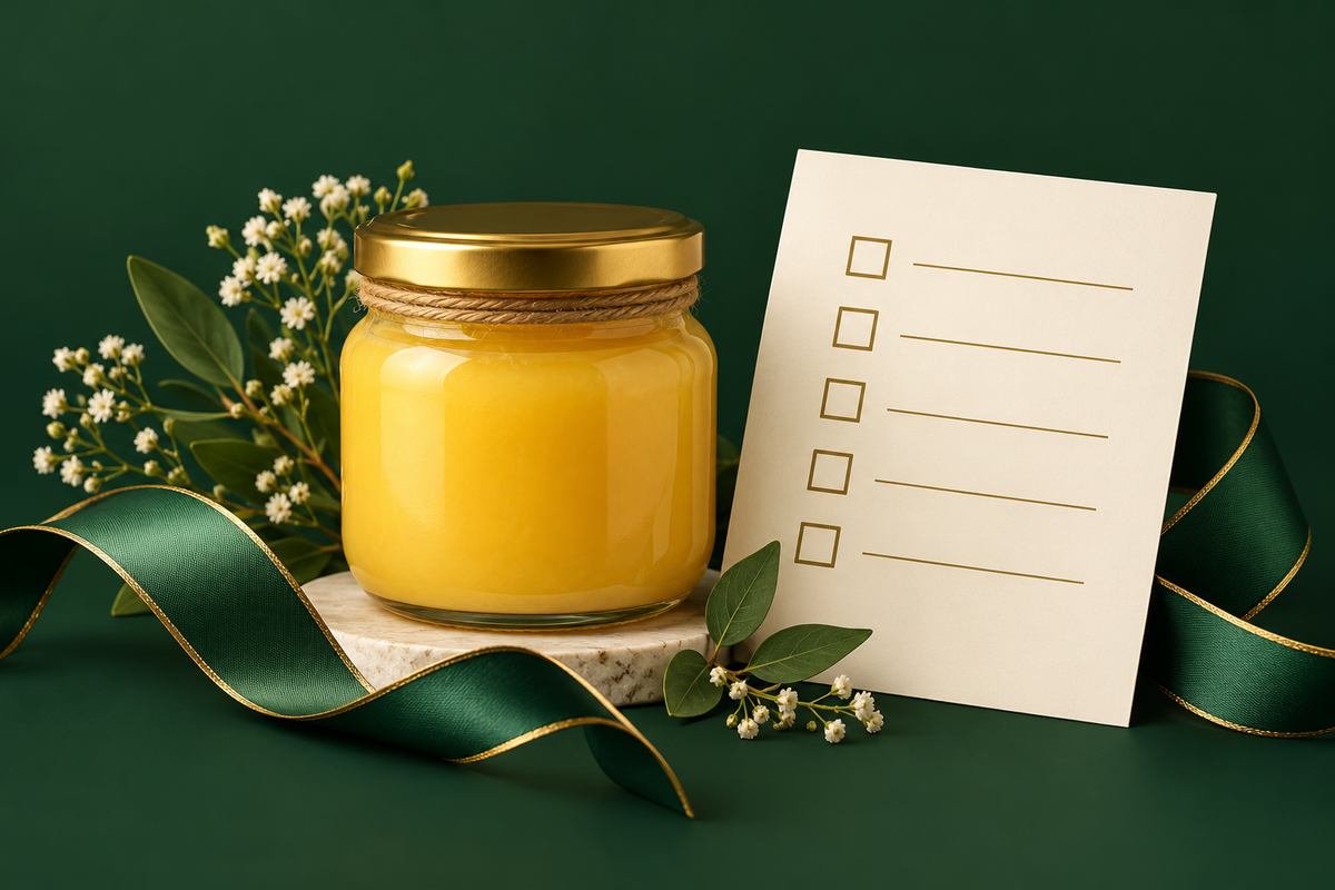 AI-generated editorial illustration: one unbranded ghee gift jar beside an ivory sample checklist and forest green ribbon.