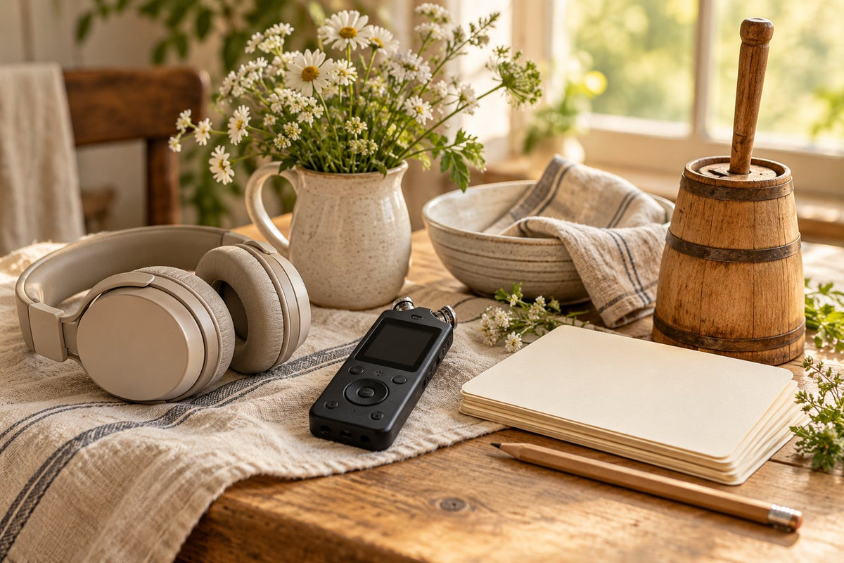Editorial illustration of an audio recorder, headphones and blank recipe cards on a table