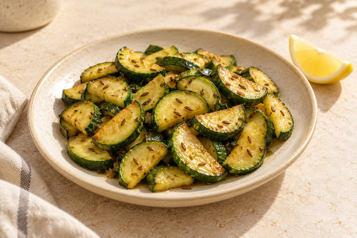 Editorial illustration of sautéed zucchini half-moons with cumin and a lemon wedge