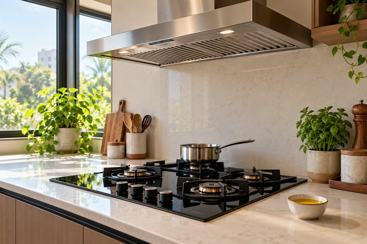 AI-generated editorial illustration of a kitchen range hood above a rear pan, with ghee on the counter.