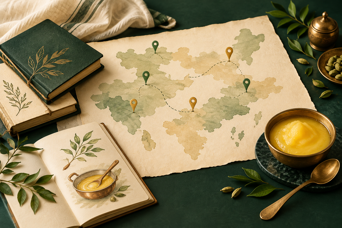 AI-generated editorial illustration: an abstract blank paper map with simple unlabelled markers, recipe notebooks and a small bowl of ghee, no real borders.