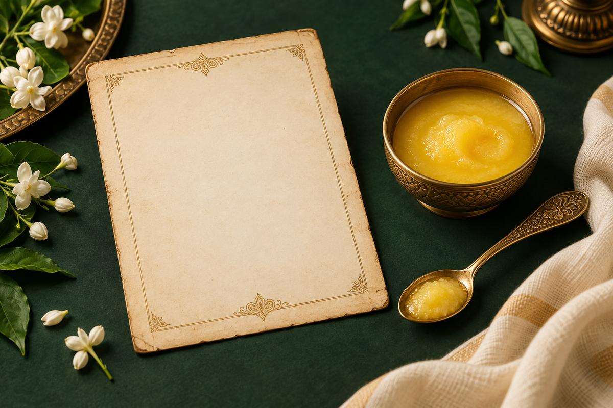 AI-generated editorial illustration: an old blank ivory menu card, a brass spoon and a small bowl of ghee.