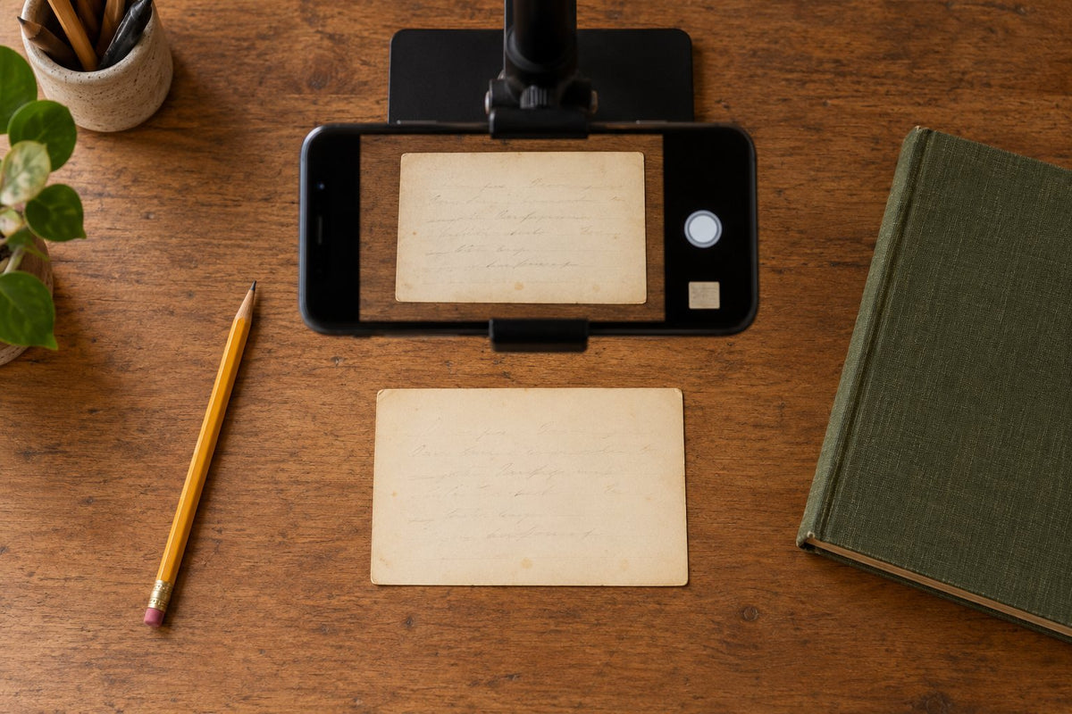 AI-generated editorial illustration of a phone copying an old recipe card on a dry desk.