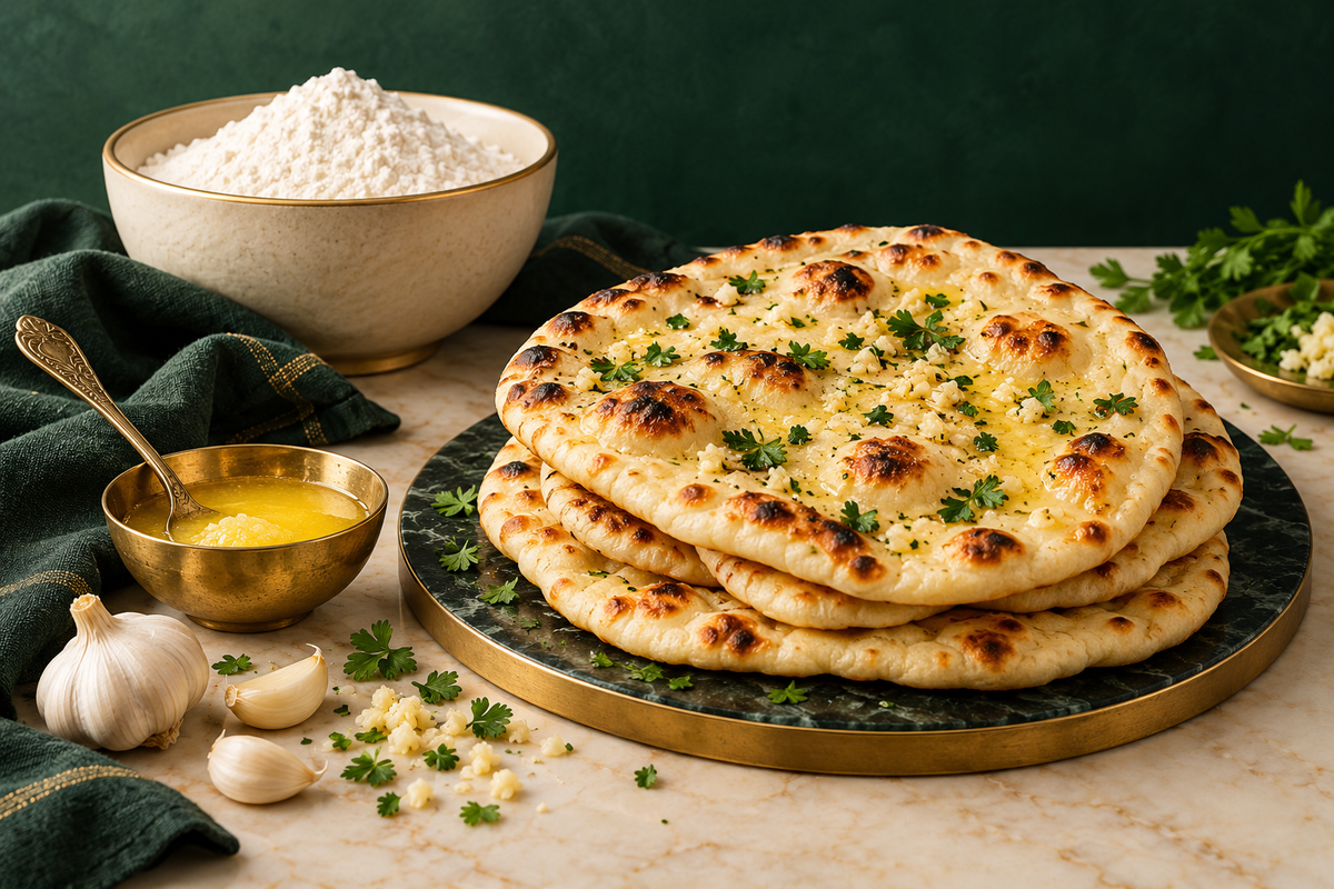 AI-generated editorial illustration: a small stack of garlic naan, brass ghee spoon and ivory flour bowl.