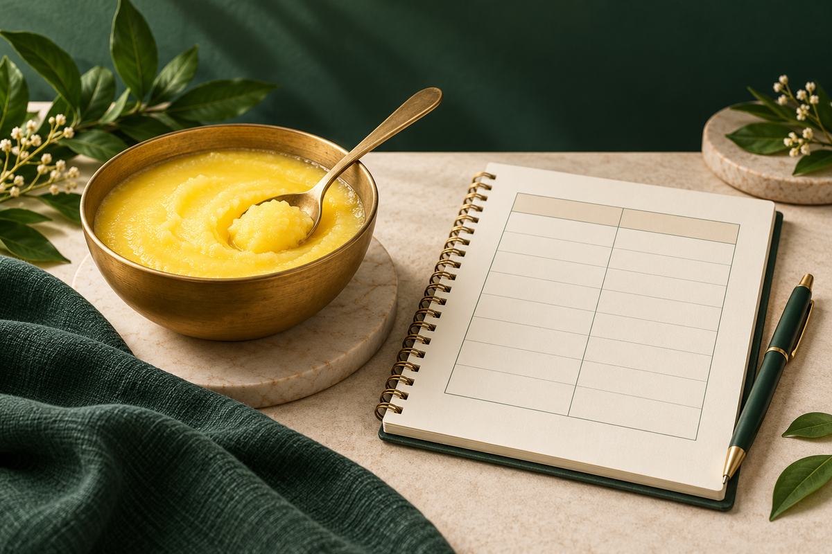 AI-generated editorial illustration: an unbranded ghee bowl beside an abstract nutrition notebook with blank columns.