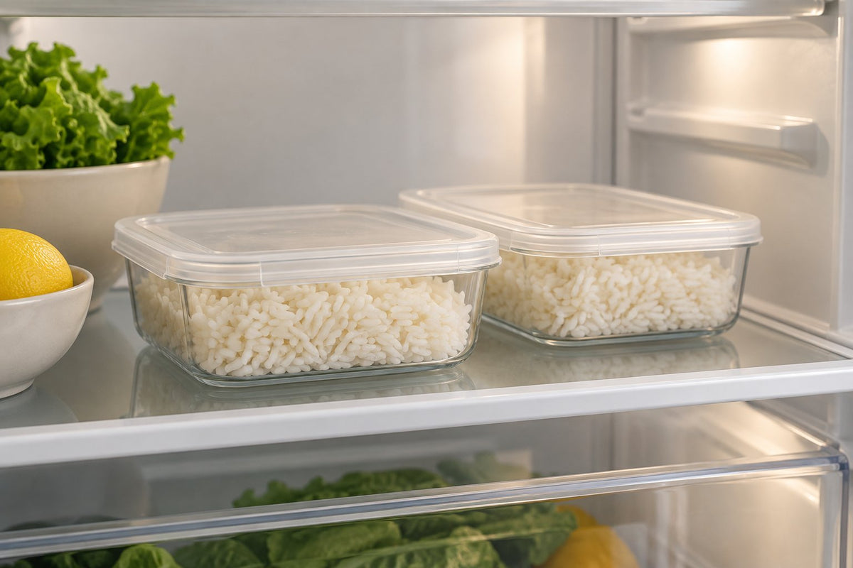 Editorial illustration of two covered shallow rice containers on a refrigerator shelf