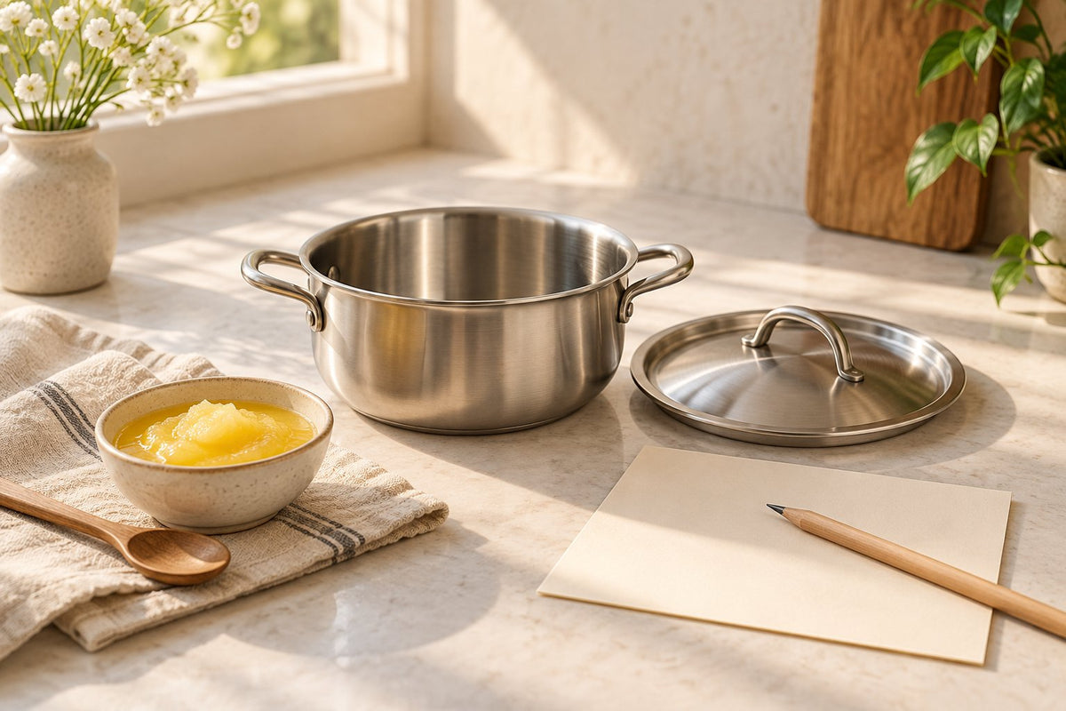 Editorial illustration of a small steel pot, bowl of ghee and blank production-note card