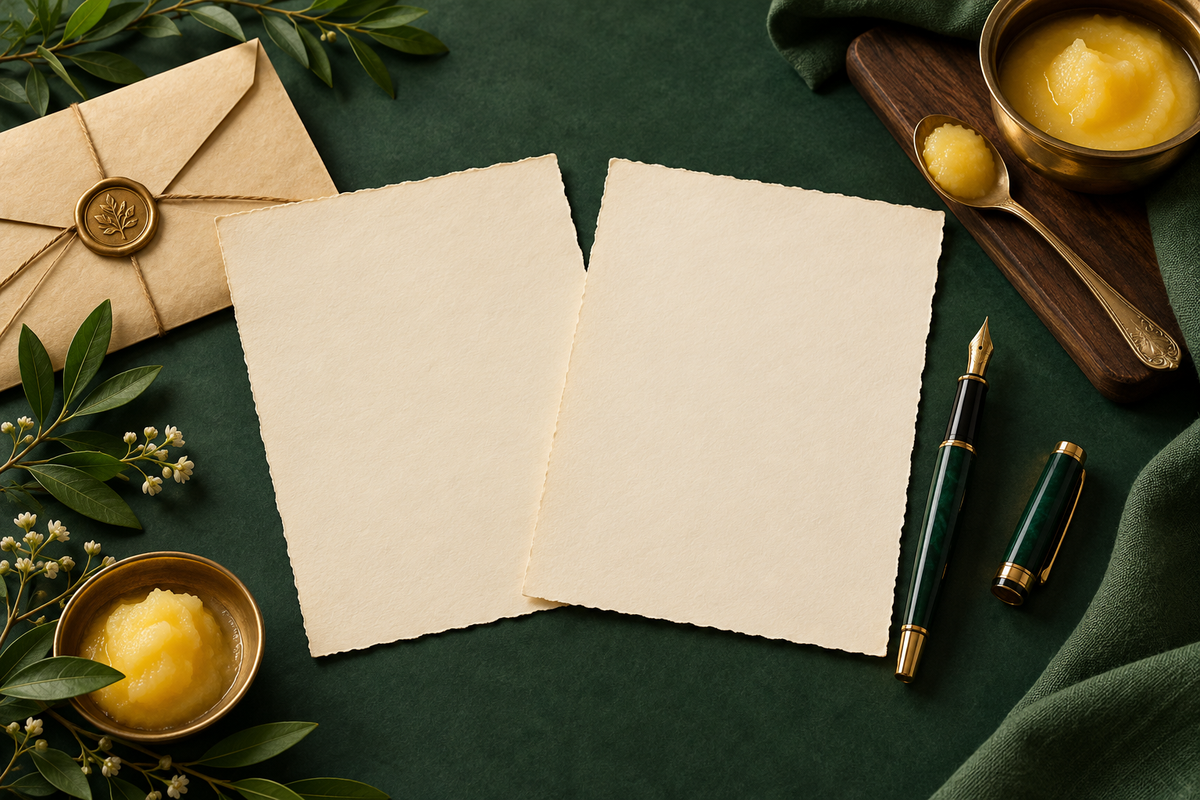 AI-generated illustration: two blank ivory recipe sheets beside fountain pen, archival envelope and ghee spoon in forest green and ivory