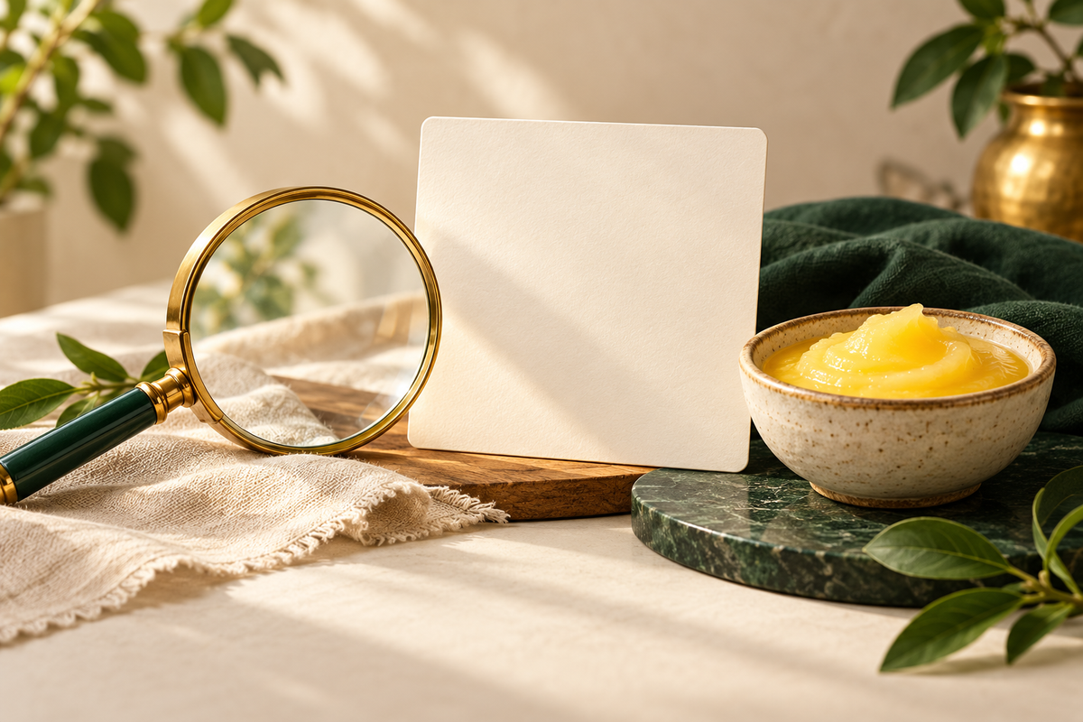 AI-generated illustration: magnifying glass beside blank food label card and small ceramic ghee bowl, no pills in forest green and ivory