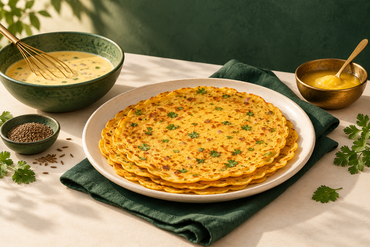 AI-generated illustration: thin golden chickpea flour pancakes on ivory plate, small green bowl of batter and cumin in forest green and ivory