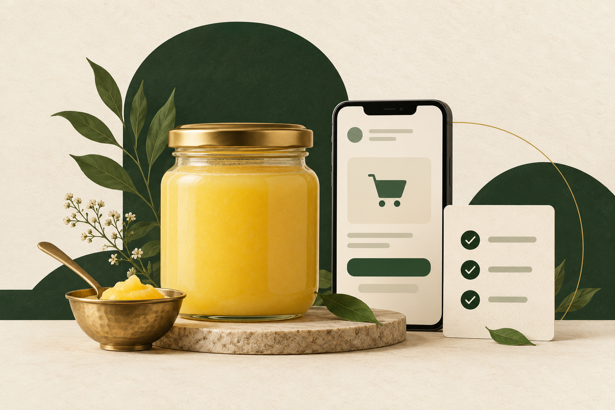 Editorial illustration of an unlabeled ghee jar beside a phone checkout and order checklist in forest green and ivory