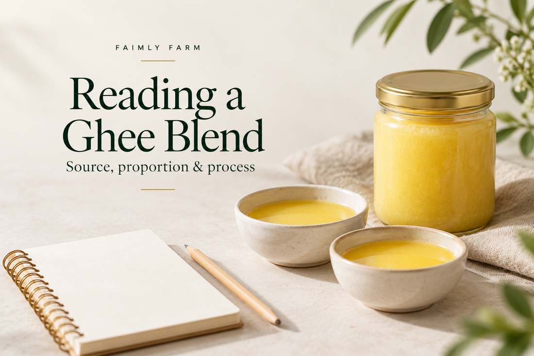 AI-generated editorial illustration of ghee bowls, an unbranded jar and a notebook for recording blend information; quantities do not represent a formula.