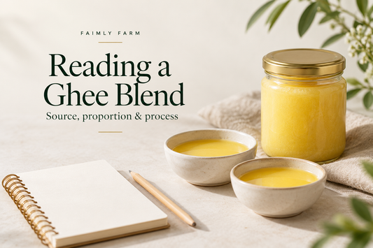 AI-generated editorial illustration of ghee bowls, an unbranded jar and a notebook for recording blend information; quantities do not represent a formula.