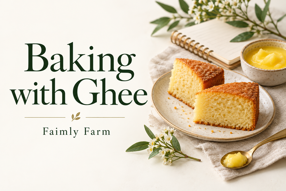 AI-generated editorial illustration of two small plain cake slices beside a notebook and small bowl of ghee, with the title Baking with Ghee and Faimly Farm branding.