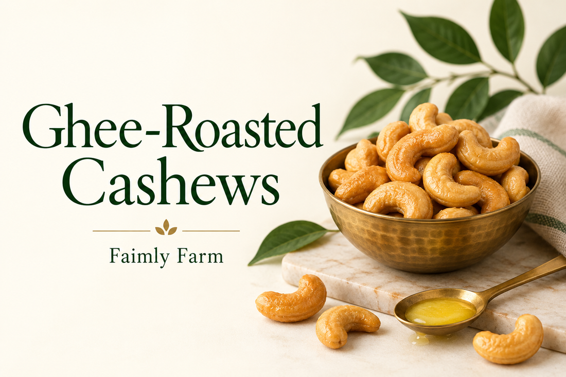 AI-generated editorial illustration of small brass bowl of evenly golden roasted cashews, with the title Ghee-Roasted Cashews and Faimly Farm branding.
