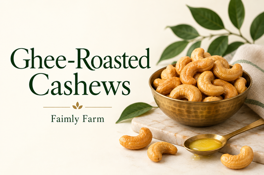 AI-generated editorial illustration of small brass bowl of evenly golden roasted cashews, with the title Ghee-Roasted Cashews and Faimly Farm branding.