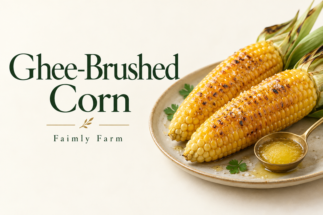 AI-generated editorial illustration of two golden cooked corn cobs with a brass spoon of ghee, with the title Ghee-Brushed Corn and Faimly Farm branding.