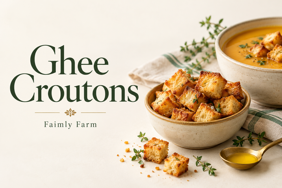 AI-generated editorial illustration of golden toasted bread cubes in a small bowl next to a plain soup bowl, with the title Ghee Croutons and Faimly Farm branding.