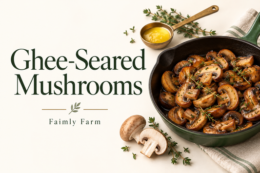 AI-generated editorial illustration of sliced golden browned mushrooms in a small green skillet, with the title Ghee-Seared Mushrooms and Faimly Farm branding.