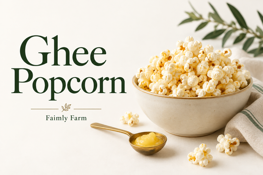 AI-generated editorial illustration of ivory bowl of fluffy lightly golden popcorn and small spoon of ghee, with the title Ghee Popcorn and Faimly Farm branding.