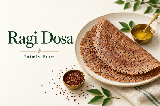 AI-generated editorial illustration of thin brown ragi dosa with lacy edges on ivory plate, with the title Ragi Dosa and Faimly Farm branding.