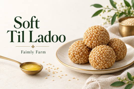 AI-generated editorial illustration of four sesame ladoos with visible sesame seeds on ivory plate, with the title Soft Til Ladoo and Faimly Farm branding.