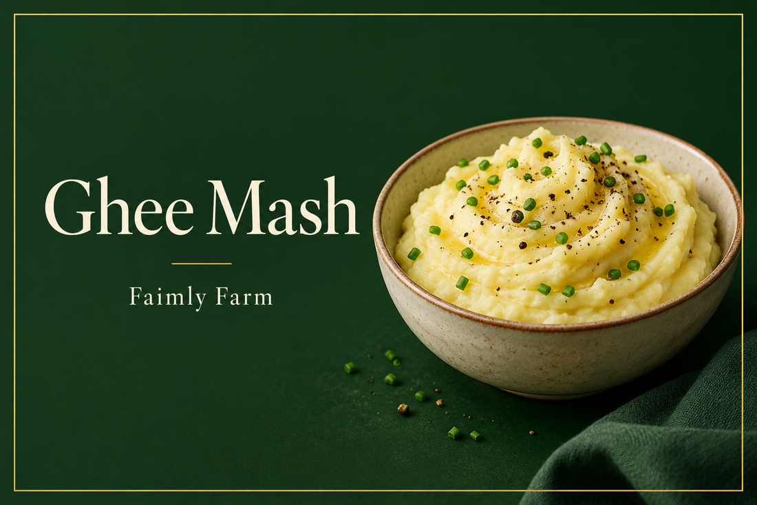 AI-generated editorial illustration: a modest bowl of smooth mashed potatoes with pepper and chives; Ghee Mash headline and Faimly Farm branding on a forest-green background.
