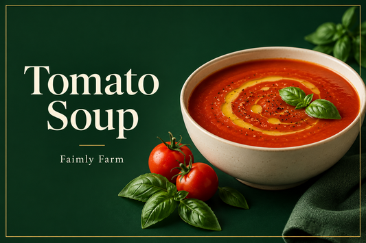 AI-generated editorial illustration: an ivory bowl of red tomato soup with a restrained golden ghee swirl; Tomato Soup headline and Faimly Farm branding on a forest-green background.