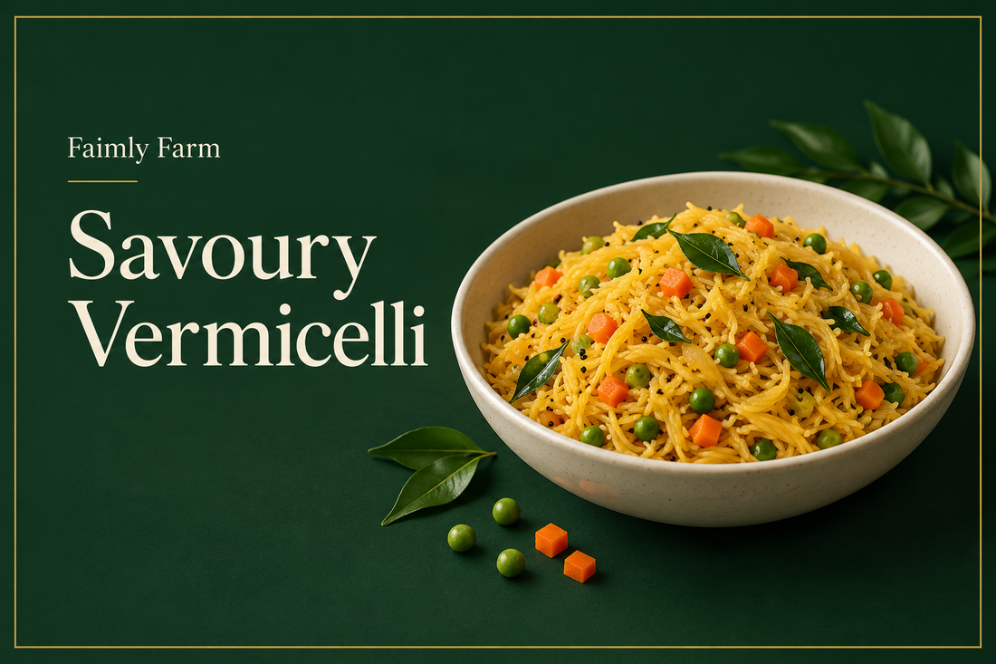 AI-generated editorial illustration: a shallow ivory bowl of short golden vermicelli with tiny carrots peas and curry leaves; Savoury Vermicelli headline and Faimly Farm branding on a forest-green background.