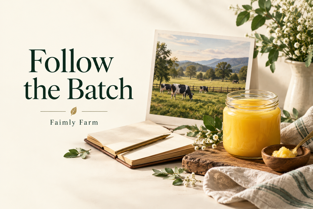 AI-generated illustration: a generic dairy landscape photo print beside a batch notebook, unbranded glass ghee jar, no certificates or seals. Faimly Farm editorial banner.