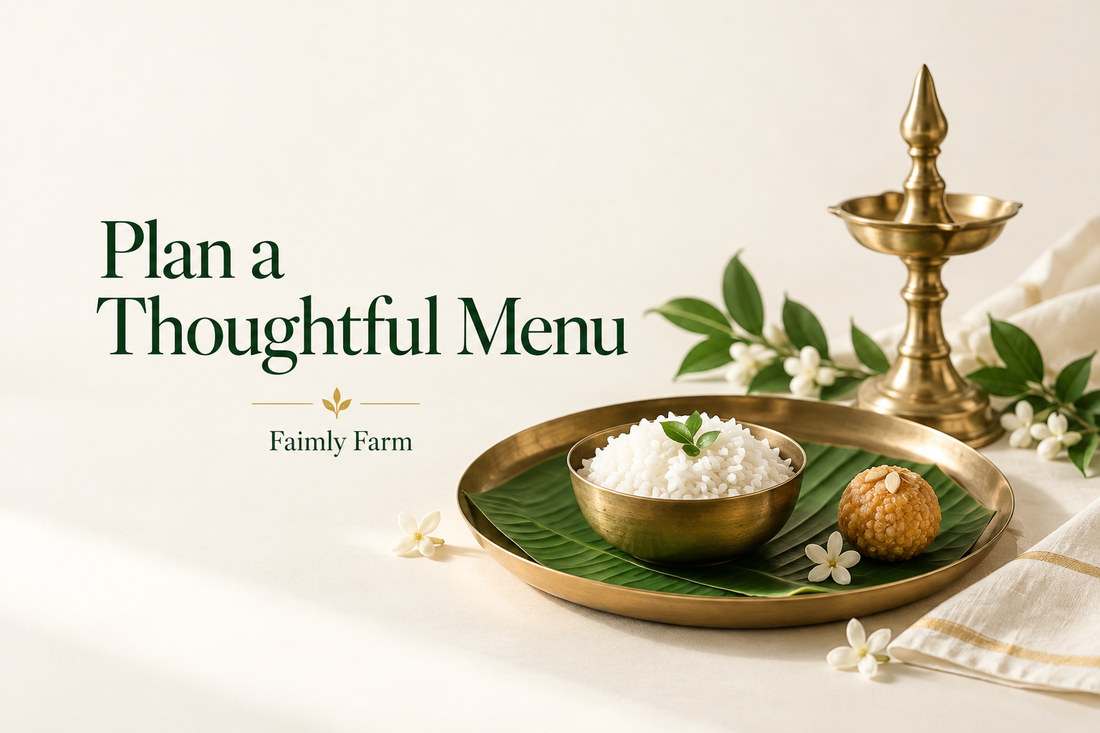 AI-generated illustration: minimal festive place setting, one small bowl of rice, one small sweet and a subtle unlit brass lamp, restrained elegant. Faimly Farm editorial banner.