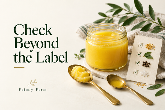 AI-generated illustration: unbranded glass ghee jar beside two separate clean serving spoons and a simple ingredient checklist, no certification stamps. Faimly Farm editorial banner.