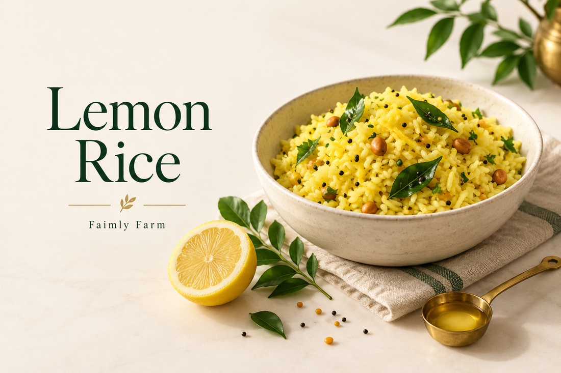 AI-generated illustration: an ivory ceramic bowl of golden lemon rice with curry leaves and mustard seeds, fresh lemon half, small brass ghee spoon. Faimly Farm editorial banner.