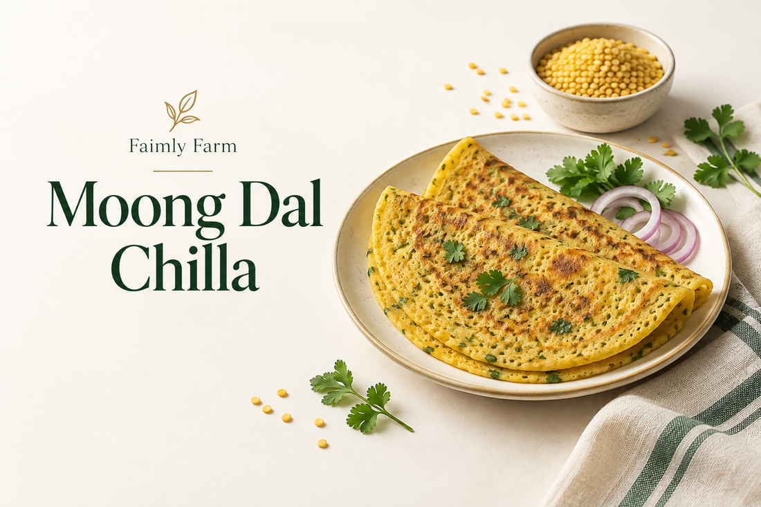 AI-generated illustration: two golden thin moong dal pancakes with herbs on ivory plate, small bowl yellow split mung lentils. Faimly Farm editorial banner.