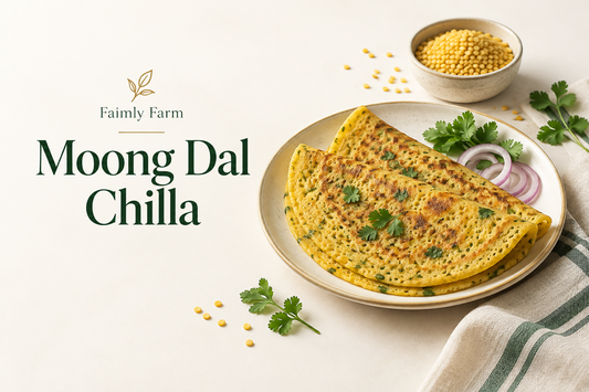 AI-generated illustration: two golden thin moong dal pancakes with herbs on ivory plate, small bowl yellow split mung lentils. Faimly Farm editorial banner.
