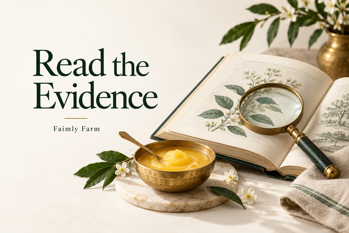 AI-generated illustration: open reference book, magnifying glass and small brass bowl of golden ghee, no scientific claims. Faimly Farm editorial banner.