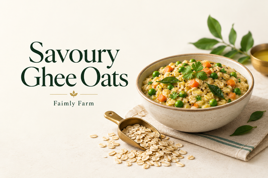 AI-generated illustration: bowl of savoury rolled oats with peas and finely diced carrots, a small scoop of dry rolled oats. Faimly Farm editorial banner.