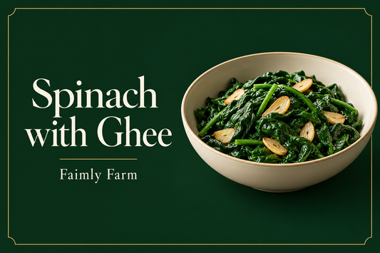 AI-generated editorial illustration for Spinach with Ghee and Garlic: Wilt in Batches, Drain Excess Water in forest-green and ivory.