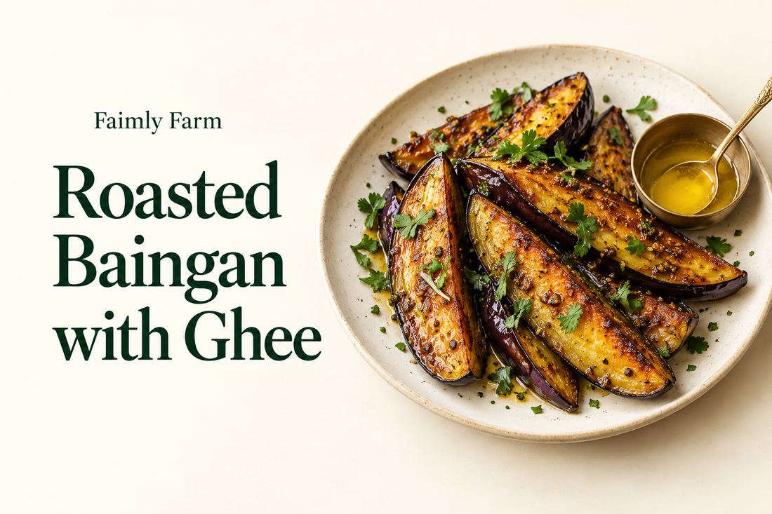 AI-generated illustration of golden roasted eggplant wedges with purple skins on ivory plate with forest-green Faimly Farm lettering on an ivory background.
