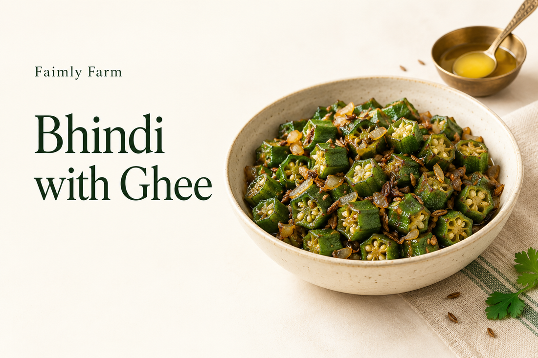 AI-generated illustration of sliced cooked green okra with cumin in an ivory bowl with forest-green Faimly Farm lettering on an ivory background.