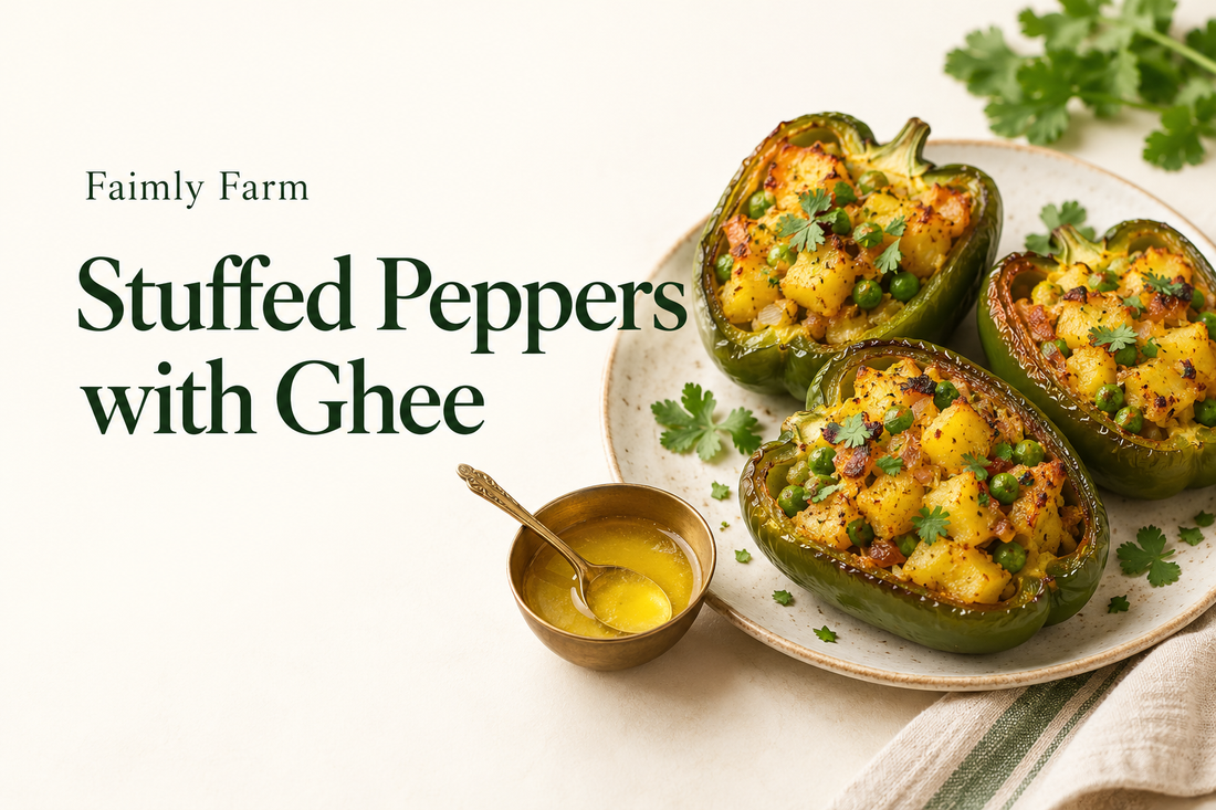 AI-generated illustration of green bell pepper halves filled with cooked potato and peas, oven roasted with forest-green Faimly Farm lettering on an ivory background.