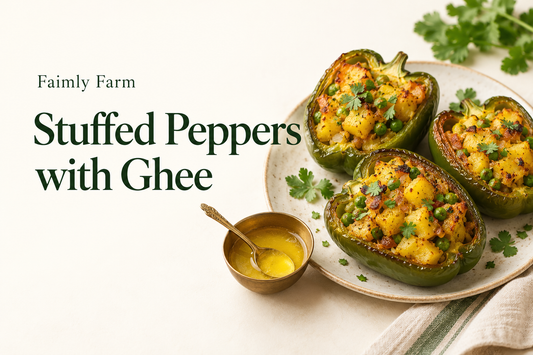 AI-generated illustration of green bell pepper halves filled with cooked potato and peas, oven roasted with forest-green Faimly Farm lettering on an ivory background.